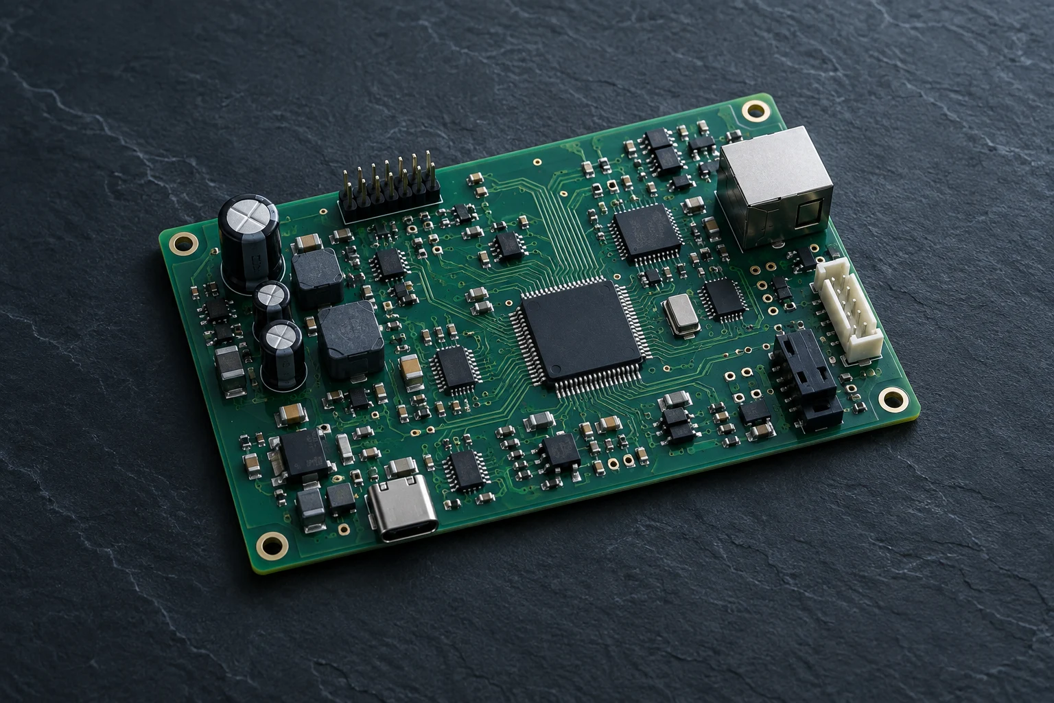 Illustrative close-up of a populated circuit board