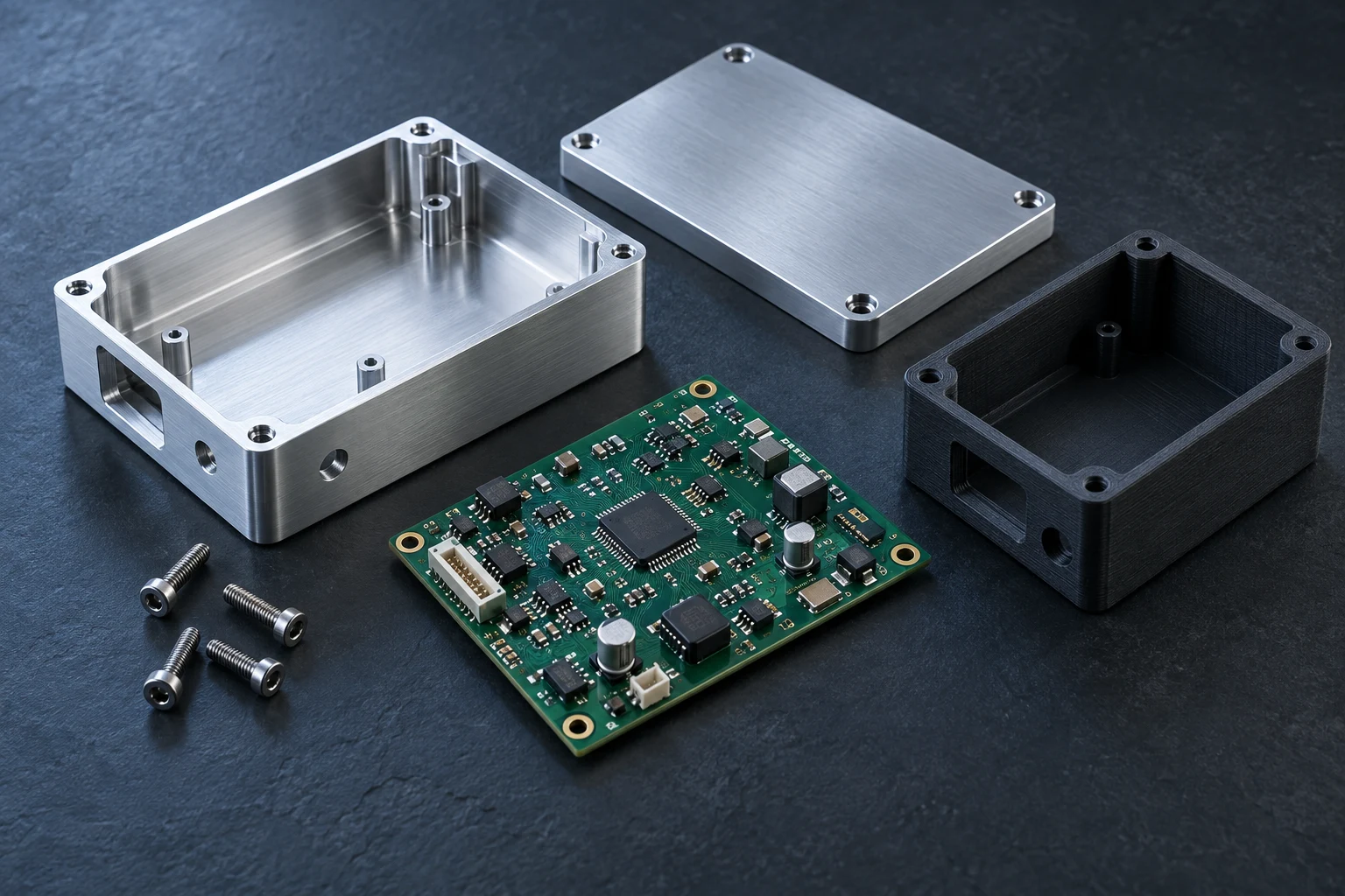 Illustrative arrangement of precision metal parts, a circuit board and a printed enclosure