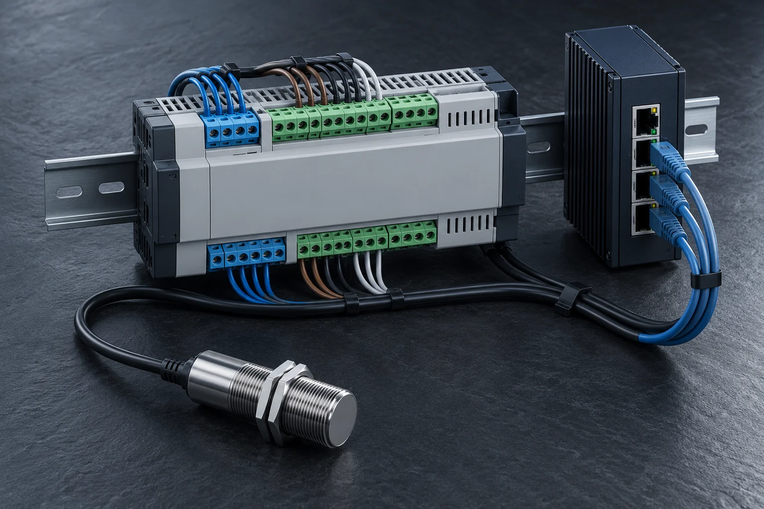 Illustrative industrial I/O hardware, sensors and connected communication interfaces