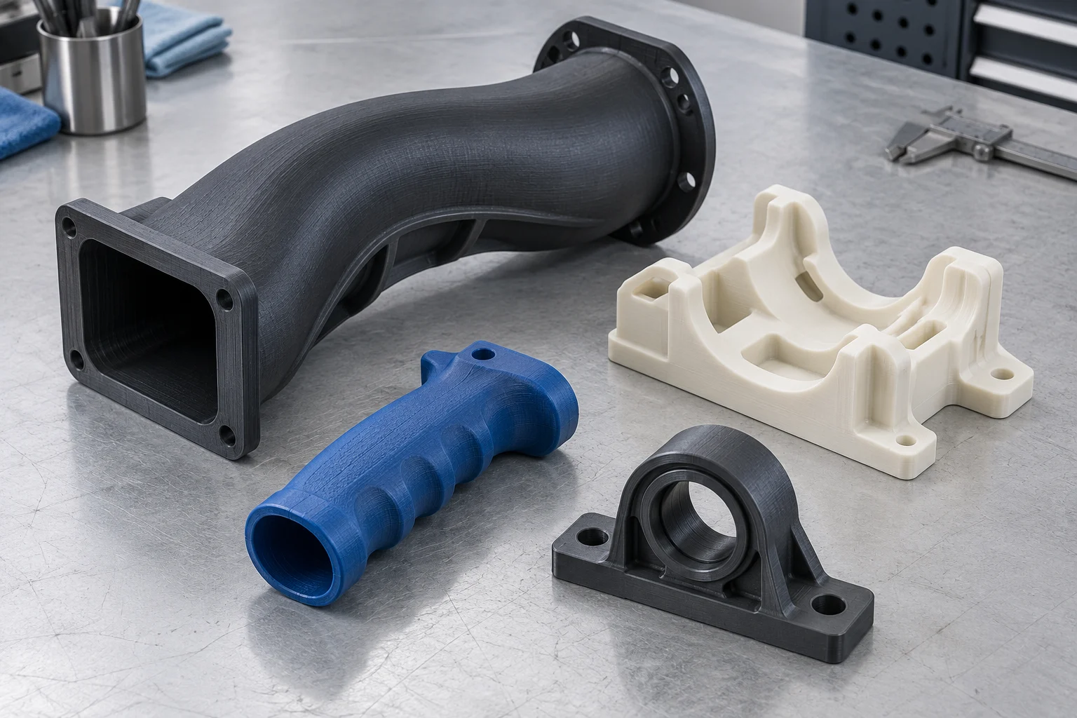 Illustrative functional 3D printed tooling, an air duct, an ergonomic grip and a workholding nest